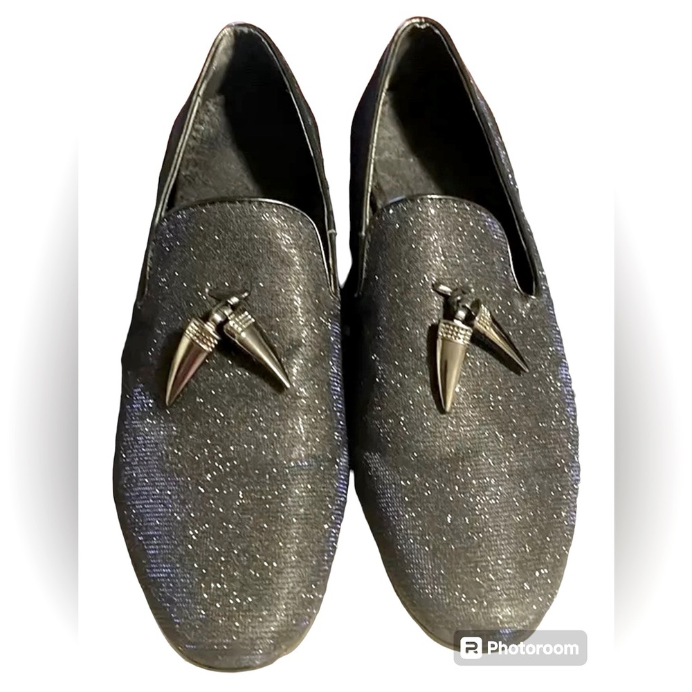 Mens Giorgio Brutini Conquest Black/Blue Glitter Loafers W/ Metal Horn Size 7.5M